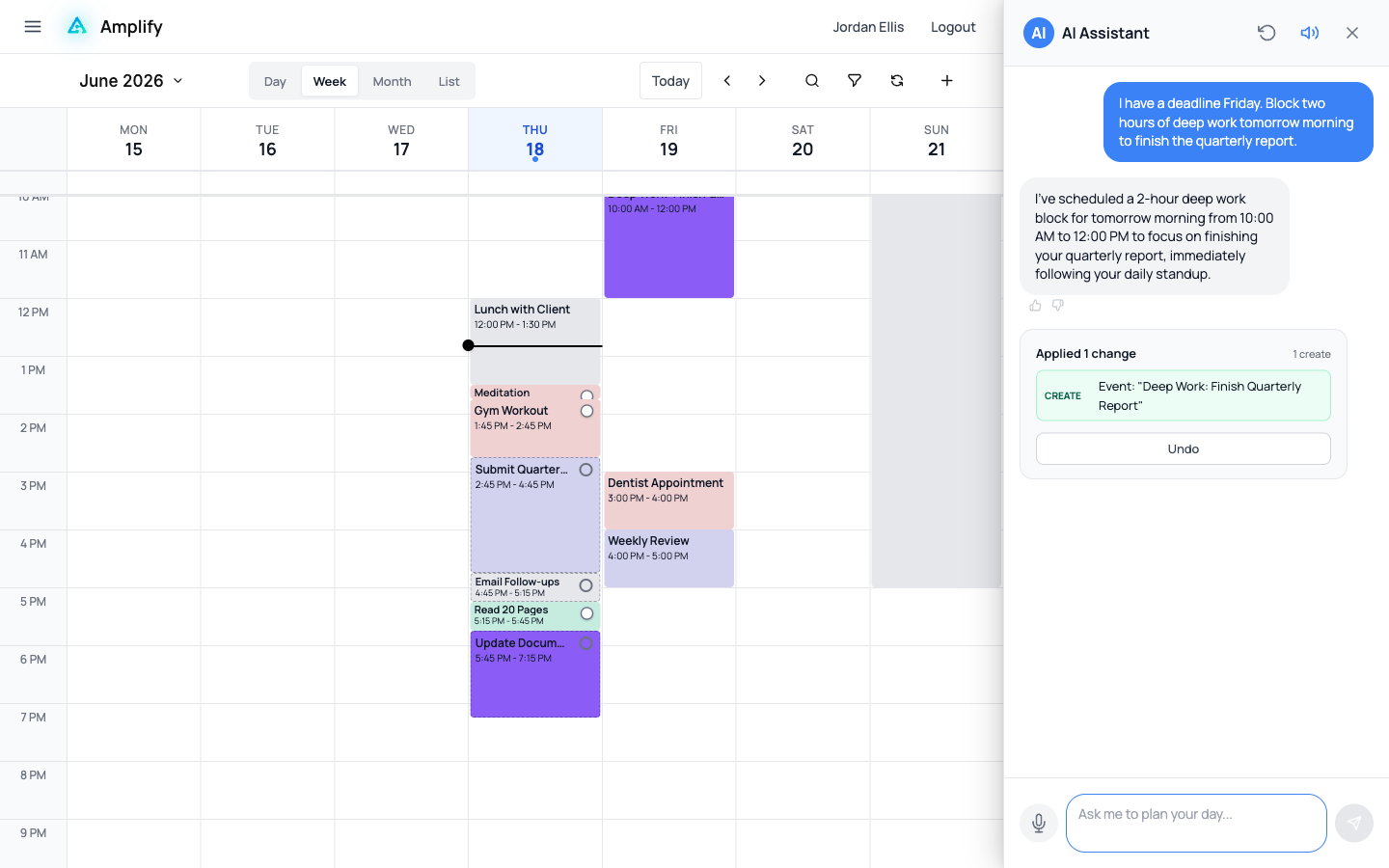 Amplify's AI assistant blocking deep-work time around an existing schedule